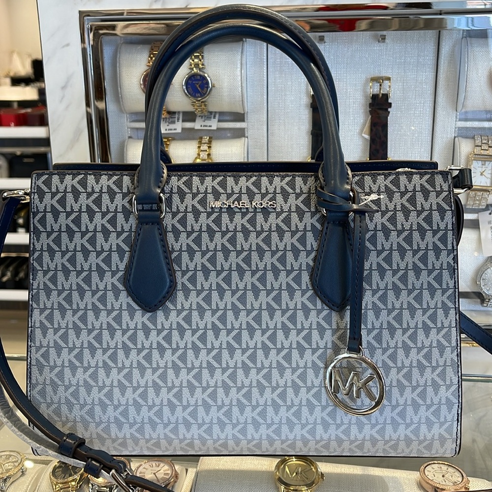 Michael Kors Sheila Medium Signature CZ Logo Satchel Crossbody Center Zip 
Navy